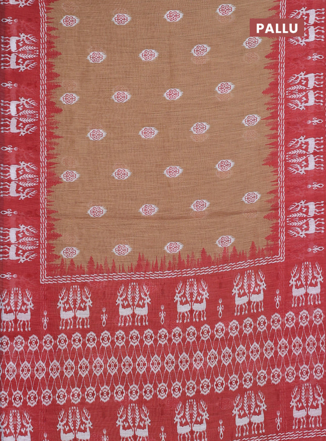 Semi linen saree sandal and rustic orange with allover ikat butta prints and long printed border