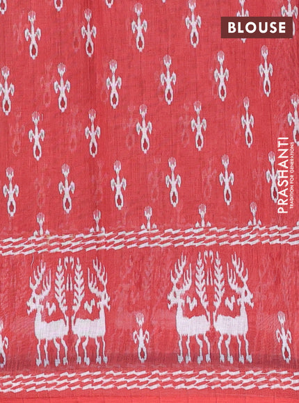 Semi linen saree sandal and rustic orange with allover ikat butta prints and long printed border