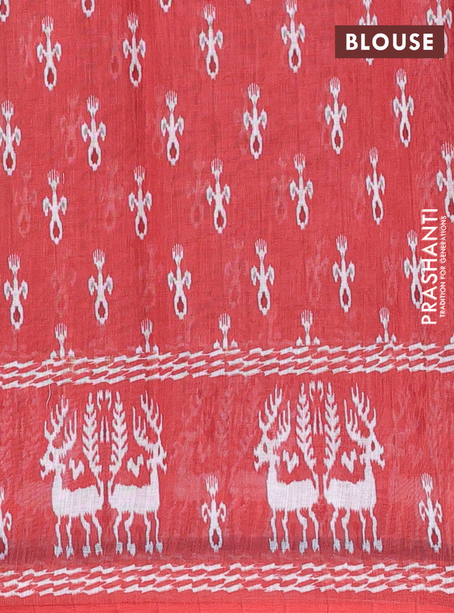 Semi linen saree sandal and rustic orange with allover ikat butta prints and long printed border