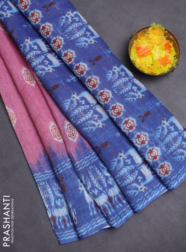 Semi linen saree pastel pink and blue with allover ikat butta prints and long printed border