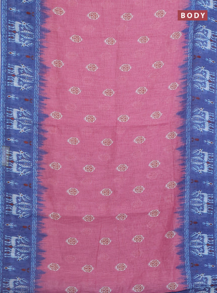 Semi linen saree pastel pink and blue with allover ikat butta prints and long printed border