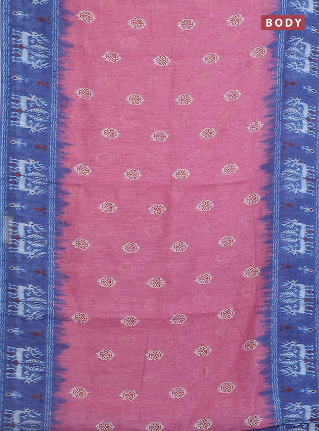 Semi linen saree pastel pink and blue with allover ikat butta prints and long printed border