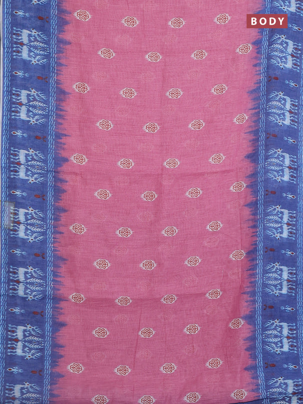 Semi linen saree pastel pink and blue with allover ikat butta prints and long printed border