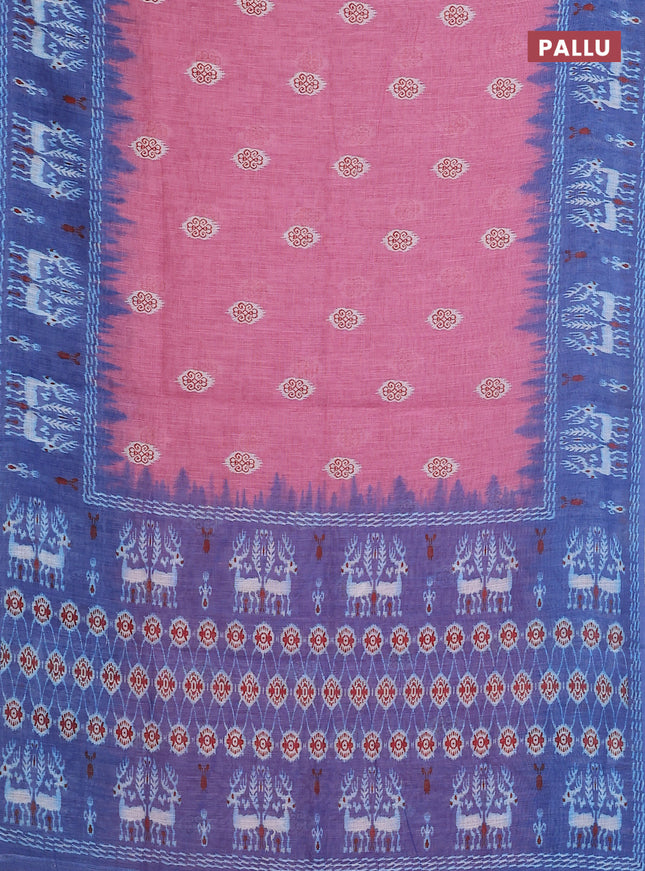 Semi linen saree pastel pink and blue with allover ikat butta prints and long printed border