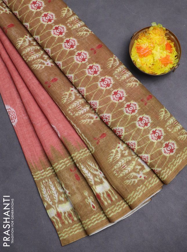 Semi linen saree peach shade and mehendi green with allover ikat butta prints and long printed border