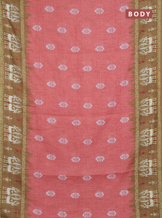 Semi linen saree peach shade and mehendi green with allover ikat butta prints and long printed border