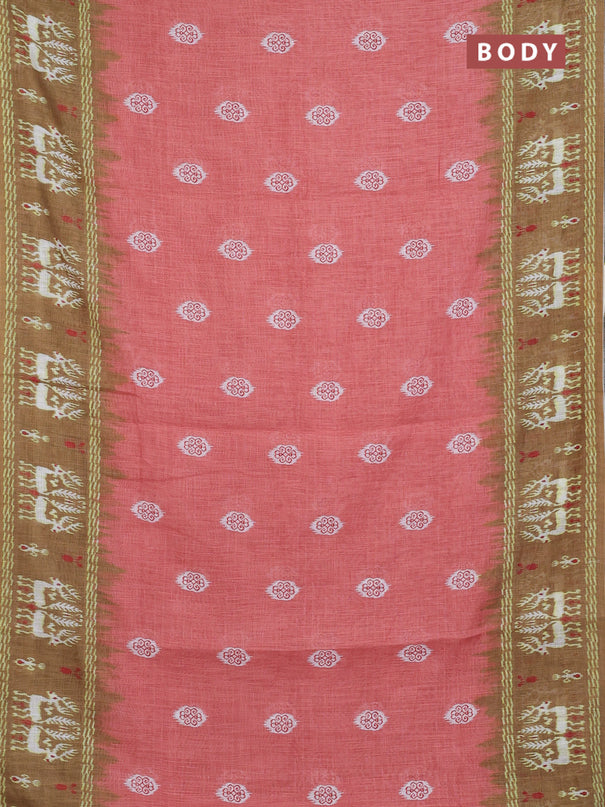 Semi linen saree peach shade and mehendi green with allover ikat butta prints and long printed border