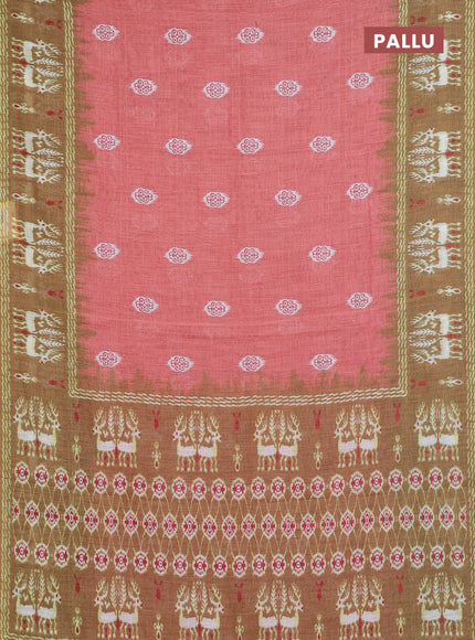 Semi linen saree peach shade and mehendi green with allover ikat butta prints and long printed border