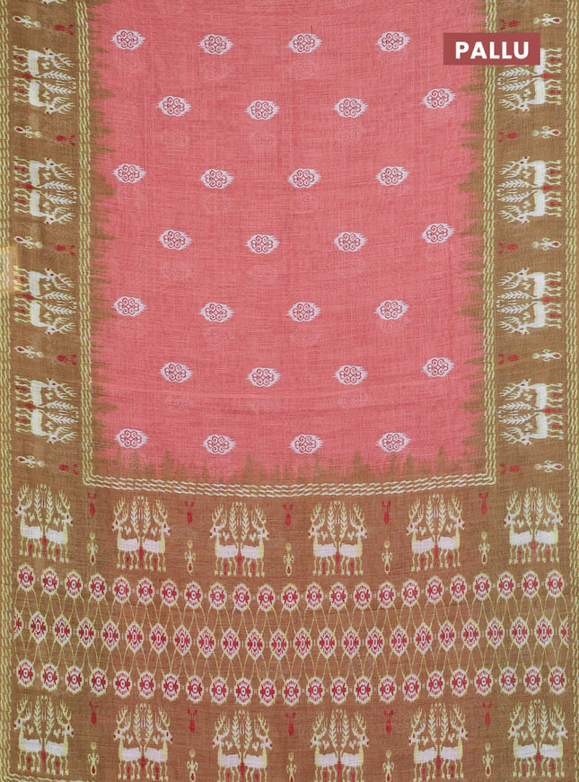Semi linen saree peach shade and mehendi green with allover ikat butta prints and long printed border