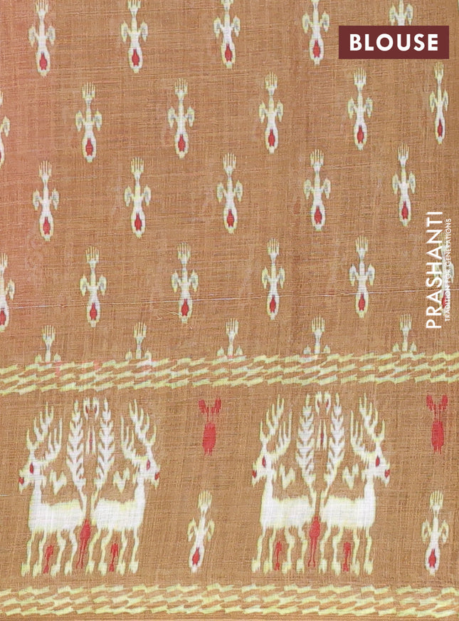 Semi linen saree peach shade and mehendi green with allover ikat butta prints and long printed border