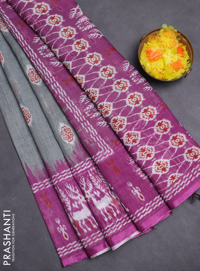 Semi linen saree grey and purple with allover ikat butta prints and long printed border