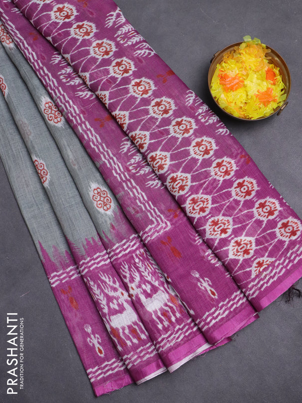 Semi linen saree grey and purple with allover ikat butta prints and long printed border