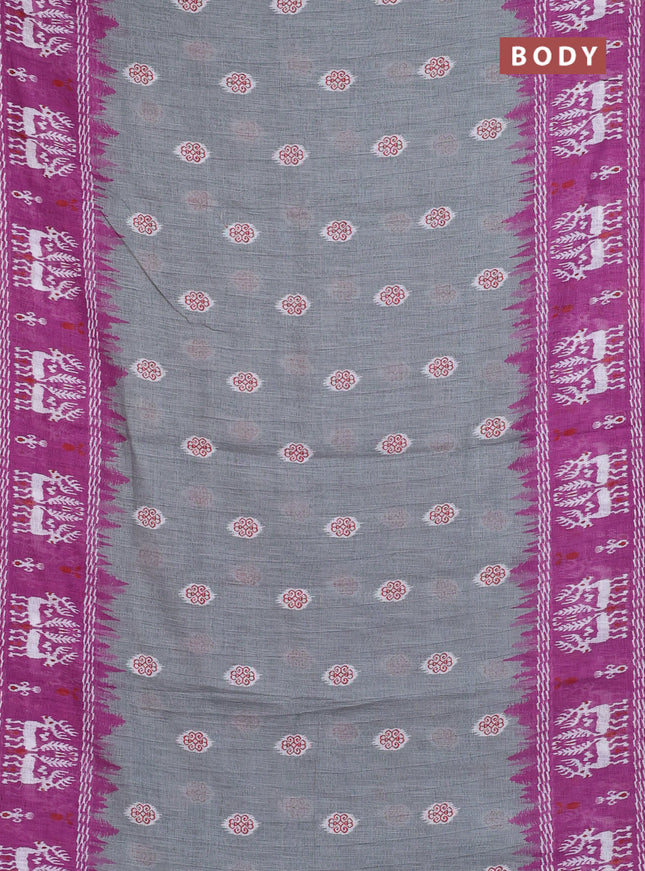 Semi linen saree grey and purple with allover ikat butta prints and long printed border