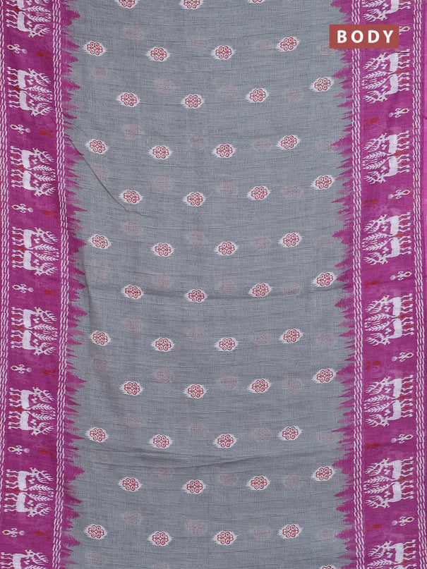 Semi linen saree grey and purple with allover ikat butta prints and long printed border