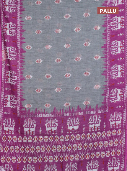 Semi linen saree grey and purple with allover ikat butta prints and long printed border