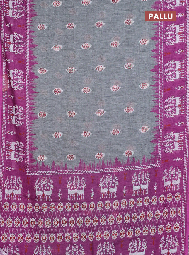 Semi linen saree grey and purple with allover ikat butta prints and long printed border