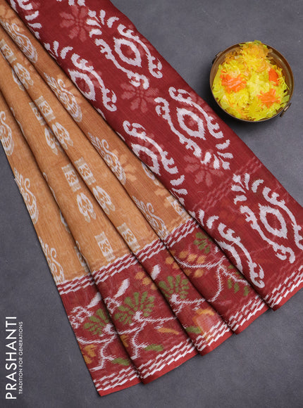 Semi linen saree dark mustard and brown with allover ikat butta prints and long printed border