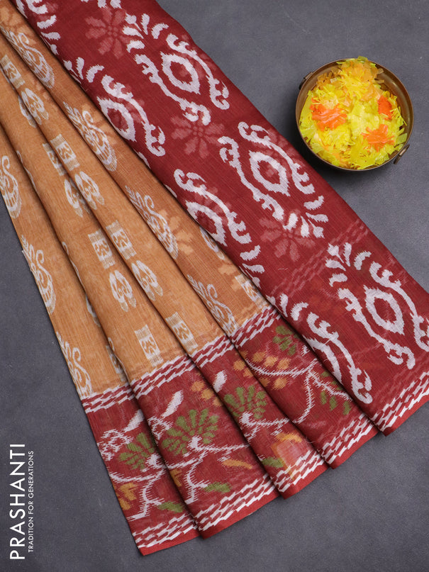 Semi linen saree dark mustard and brown with allover ikat butta prints and long printed border