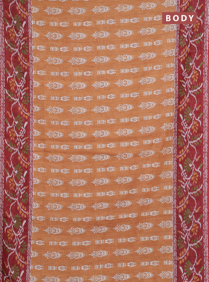 Semi linen saree dark mustard and brown with allover ikat butta prints and long printed border
