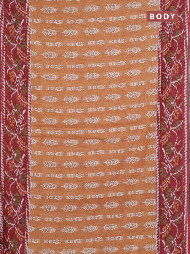 Semi linen saree dark mustard and brown with allover ikat butta prints and long printed border