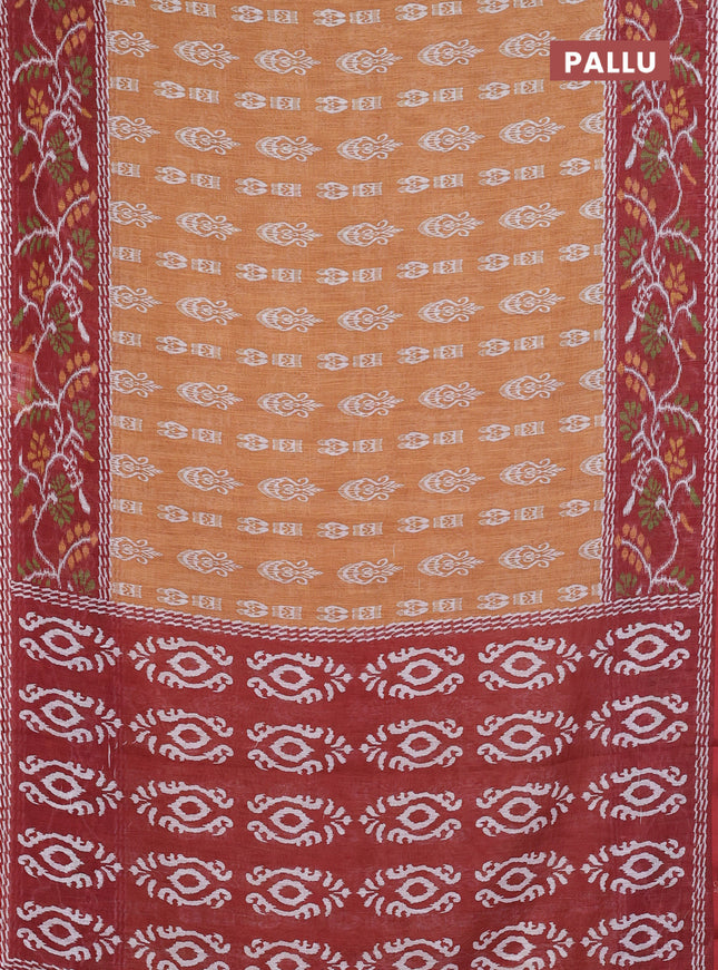 Semi linen saree dark mustard and brown with allover ikat butta prints and long printed border