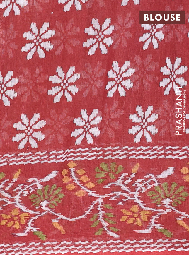 Semi linen saree dark mustard and brown with allover ikat butta prints and long printed border