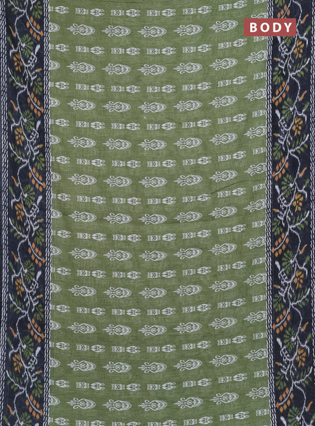 Semi linen saree green and black with allover ikat butta prints and long printed border