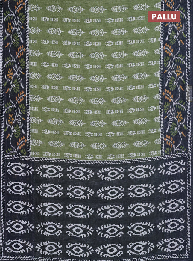 Semi linen saree green and black with allover ikat butta prints and long printed border