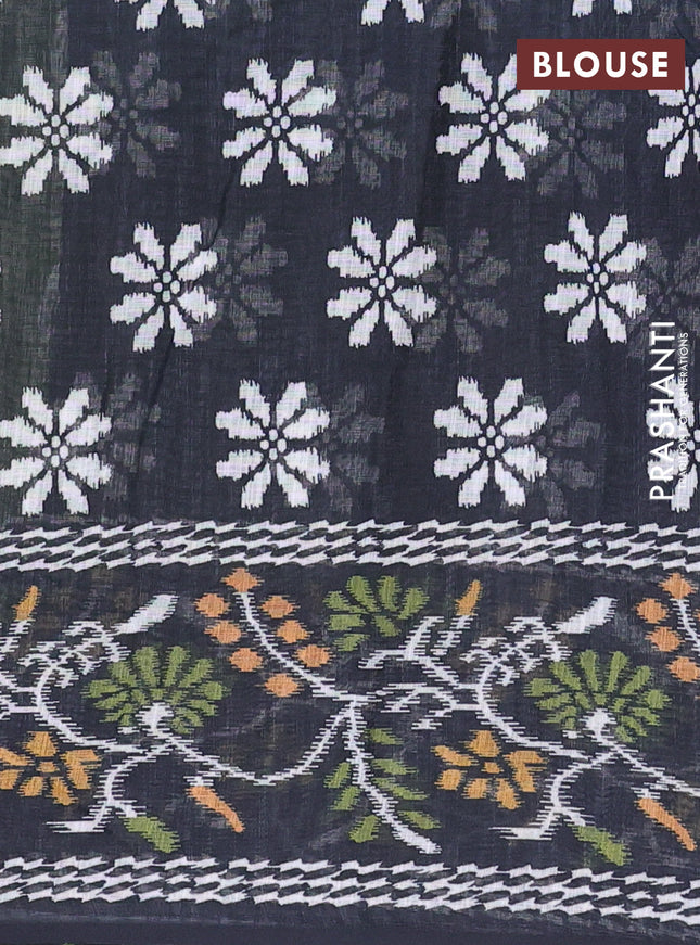 Semi linen saree green and black with allover ikat butta prints and long printed border