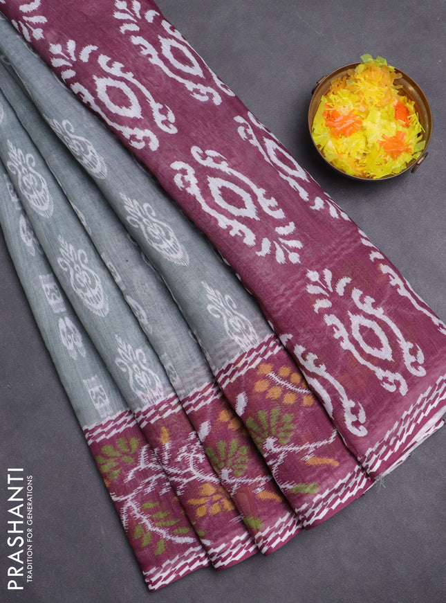 Semi linen saree grey and wine shade with allover ikat butta prints and long printed border