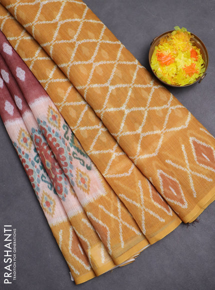 Semi linen saree brown and mustard yellow with allover ikat butta prints and printed border