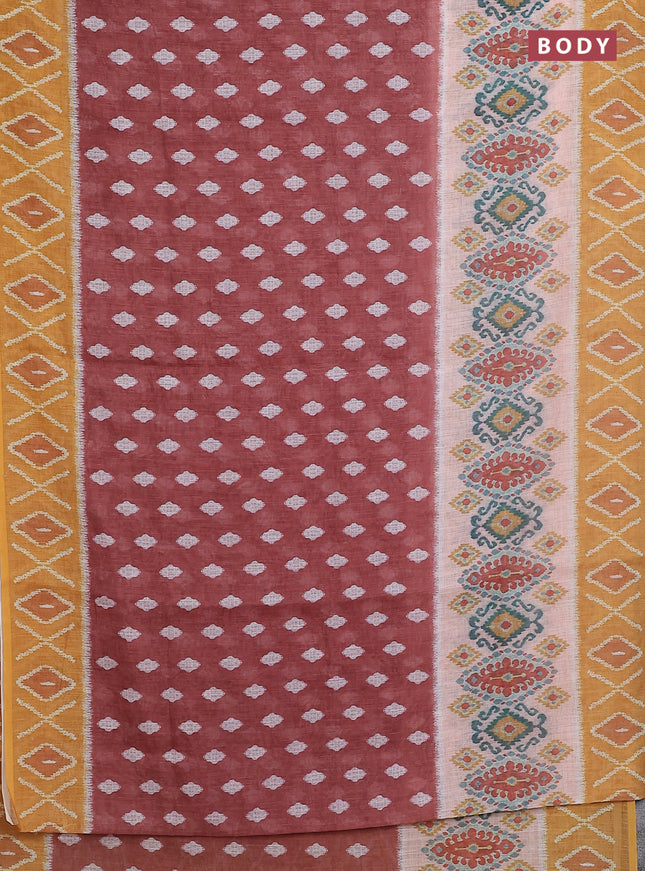 Semi linen saree brown and mustard yellow with allover ikat butta prints and printed border