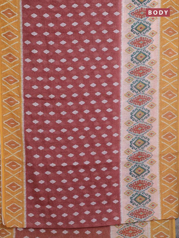 Semi linen saree brown and mustard yellow with allover ikat butta prints and printed border