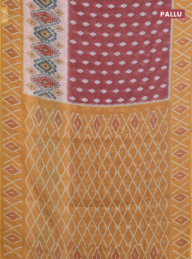 Semi linen saree brown and mustard yellow with allover ikat butta prints and printed border