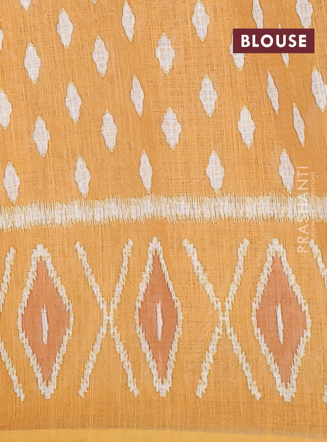 Semi linen saree brown and mustard yellow with allover ikat butta prints and printed border