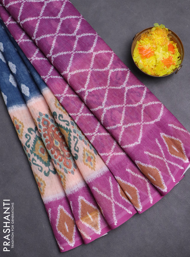 Semi linen saree peacock blue and pink shade with allover ikat butta prints and printed border