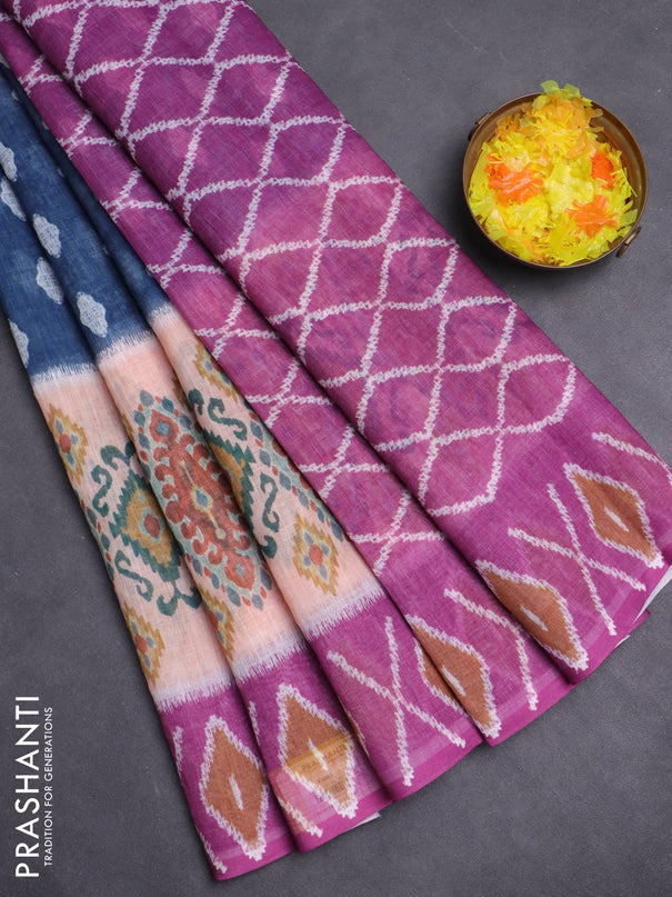 Semi linen saree peacock blue and pink shade with allover ikat butta prints and printed border