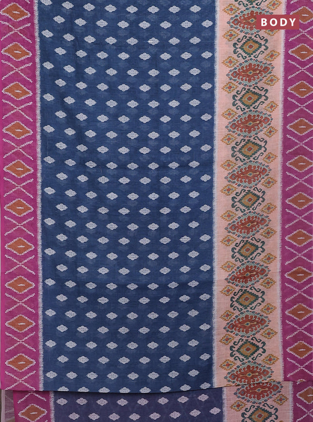 Semi linen saree peacock blue and pink shade with allover ikat butta prints and printed border