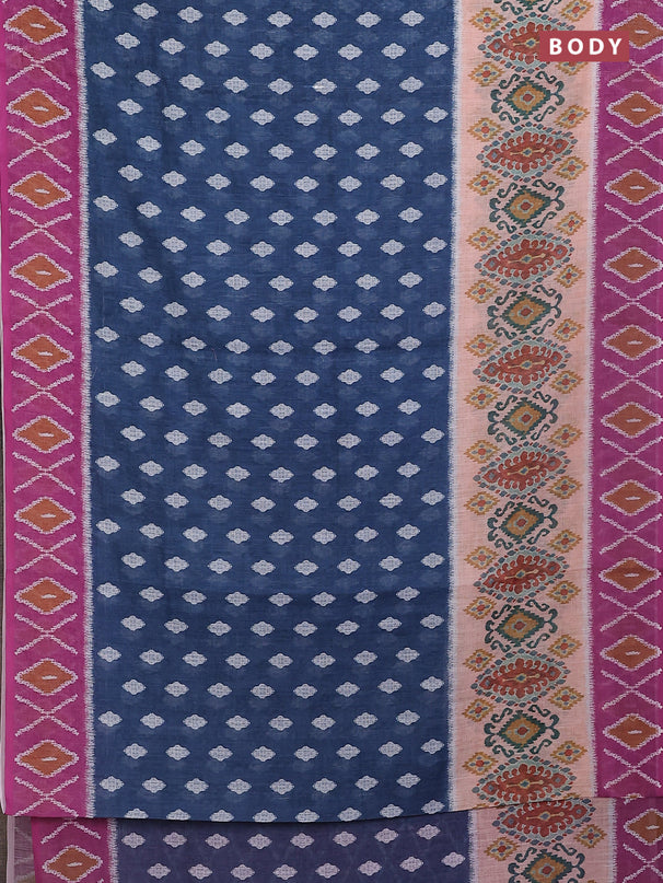 Semi linen saree peacock blue and pink shade with allover ikat butta prints and printed border