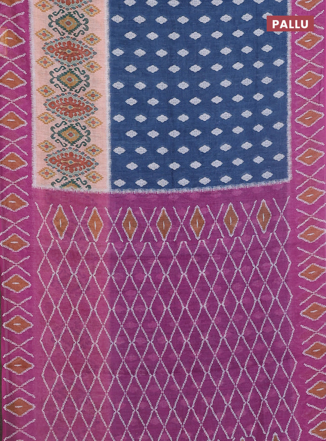 Semi linen saree peacock blue and pink shade with allover ikat butta prints and printed border