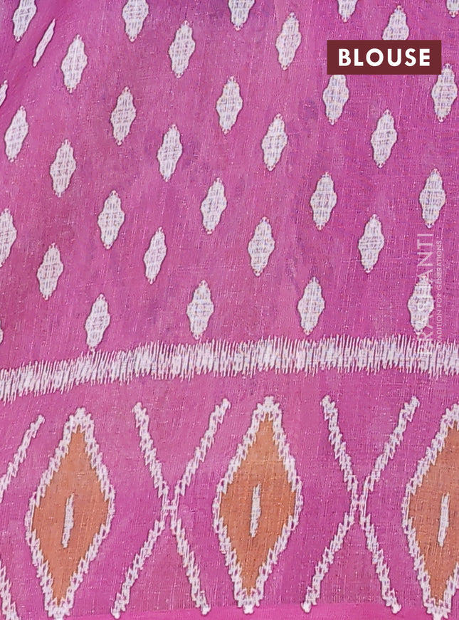 Semi linen saree peacock blue and pink shade with allover ikat butta prints and printed border