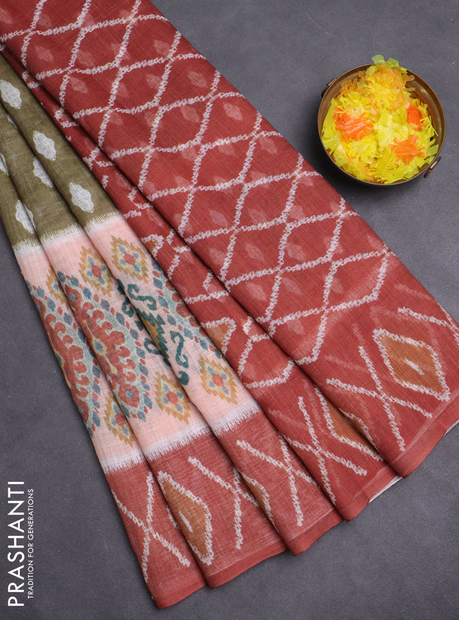Semi linen saree sap green and rust shade with allover ikat butta prints and printed border