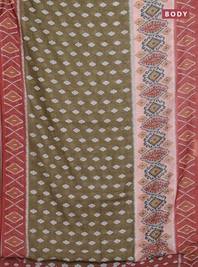 Semi linen saree sap green and rust shade with allover ikat butta prints and printed border
