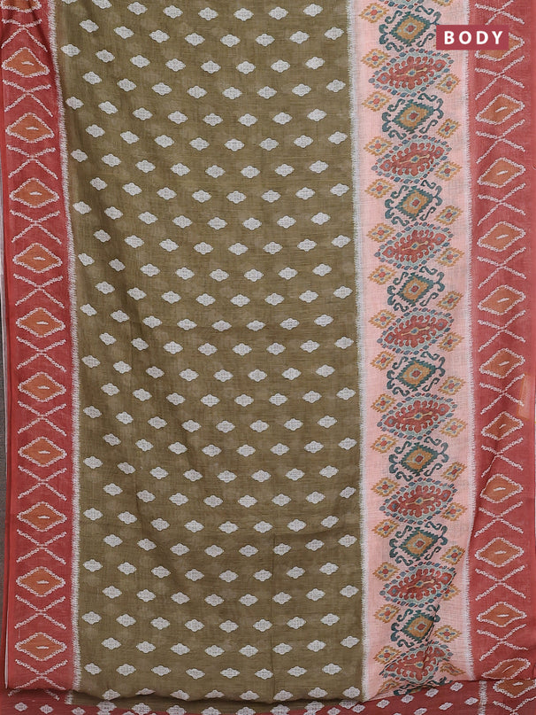 Semi linen saree sap green and rust shade with allover ikat butta prints and printed border
