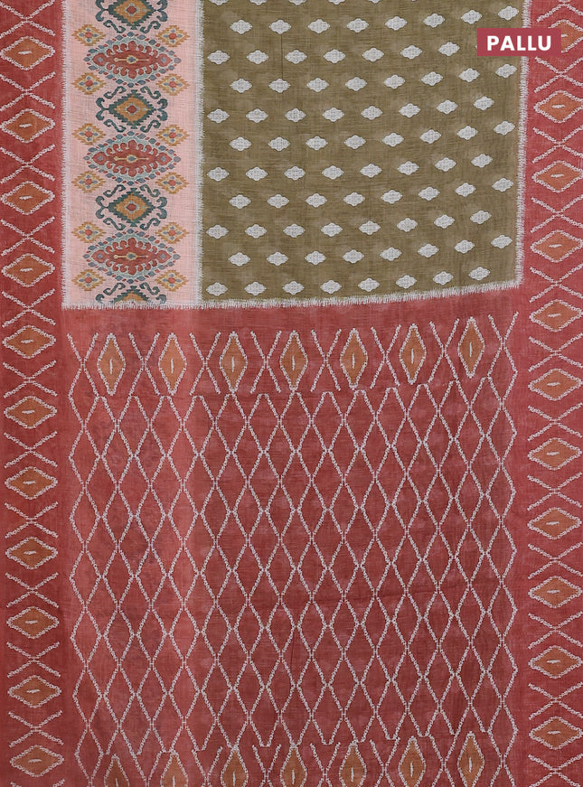 Semi linen saree sap green and rust shade with allover ikat butta prints and printed border