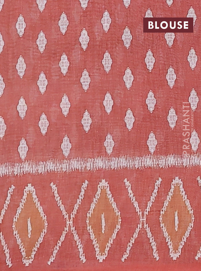 Semi linen saree sap green and rust shade with allover ikat butta prints and printed border