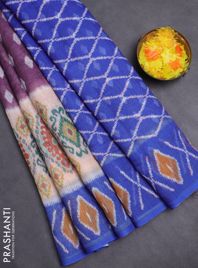Semi linen saree wine shade and blue with allover ikat butta prints and printed border