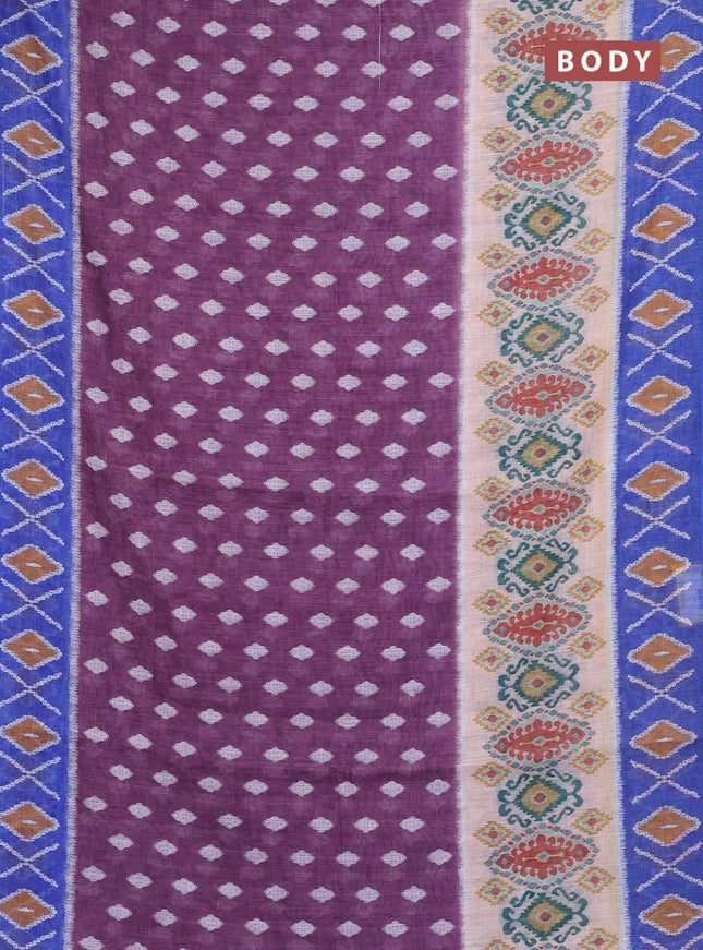 Semi linen saree wine shade and blue with allover ikat butta prints and printed border