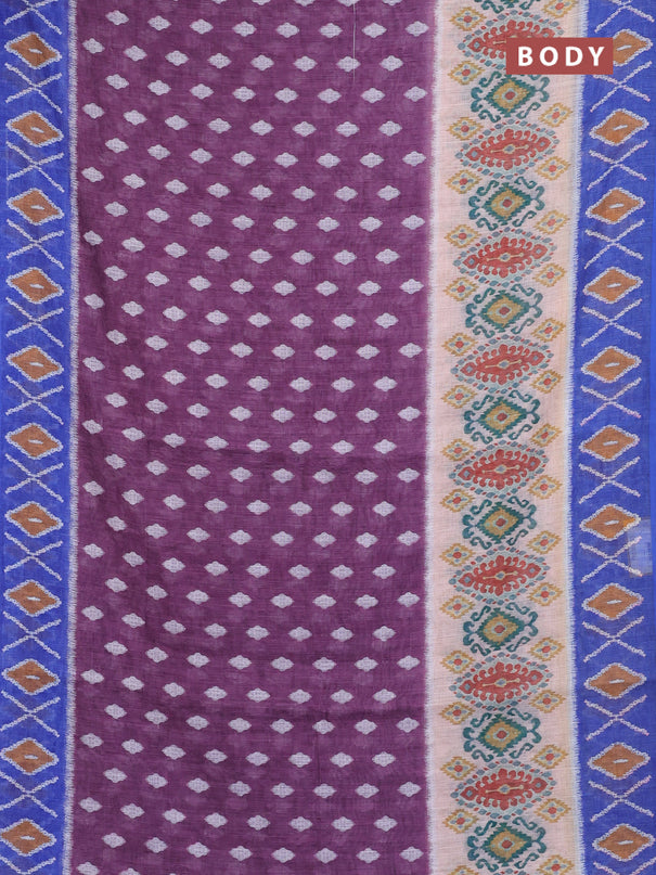 Semi linen saree wine shade and blue with allover ikat butta prints and printed border