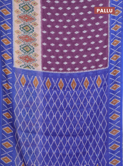 Semi linen saree wine shade and blue with allover ikat butta prints and printed border
